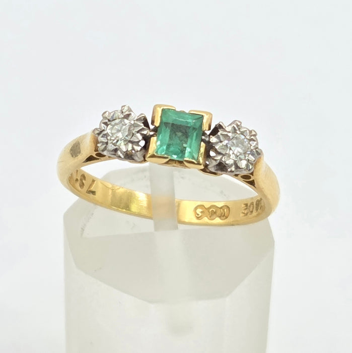 Vintage: 18ct Gold Emerald & Diamond Three-Stone Ring