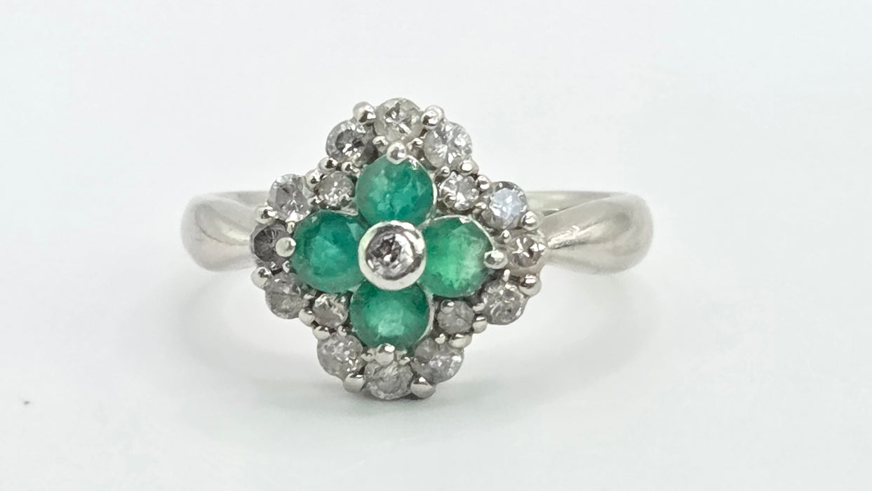 Vintage: Platinum Emerald & Diamond Offset Square Dress Ring — 0.40ct