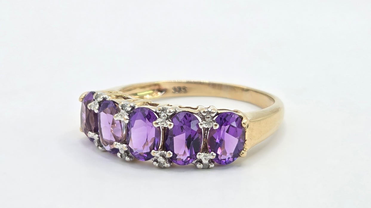 Vintage: 9ct Gold Amethyst & Diamond Half-Eternity Stacker Ring