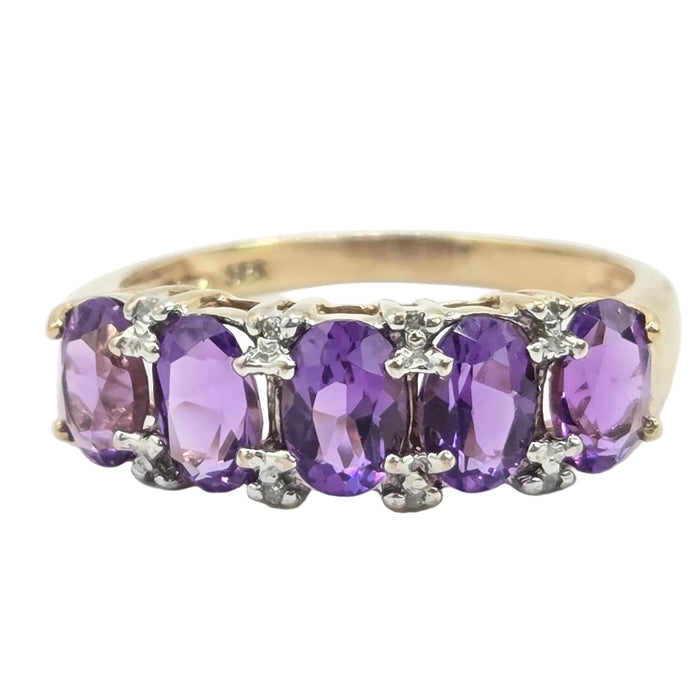 Vintage: 9ct Gold Amethyst & Diamond Half-Eternity Stacker Ring