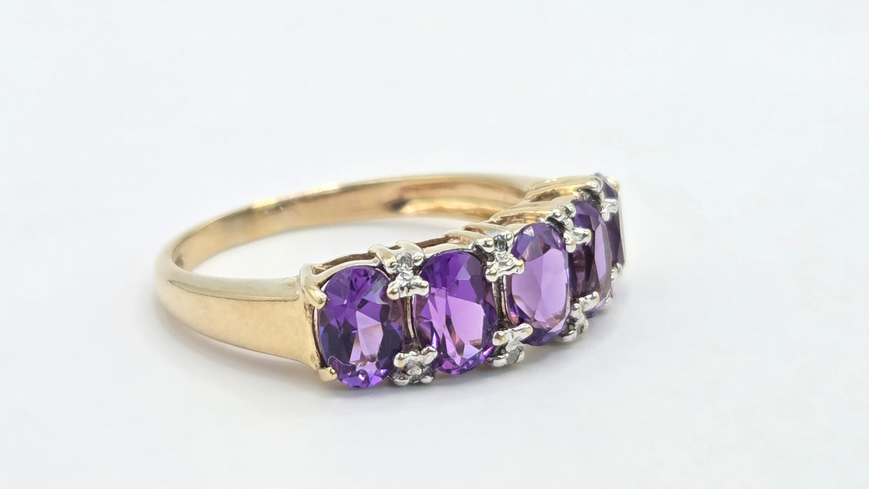 Vintage: 9ct Gold Amethyst & Diamond Half-Eternity Stacker Ring