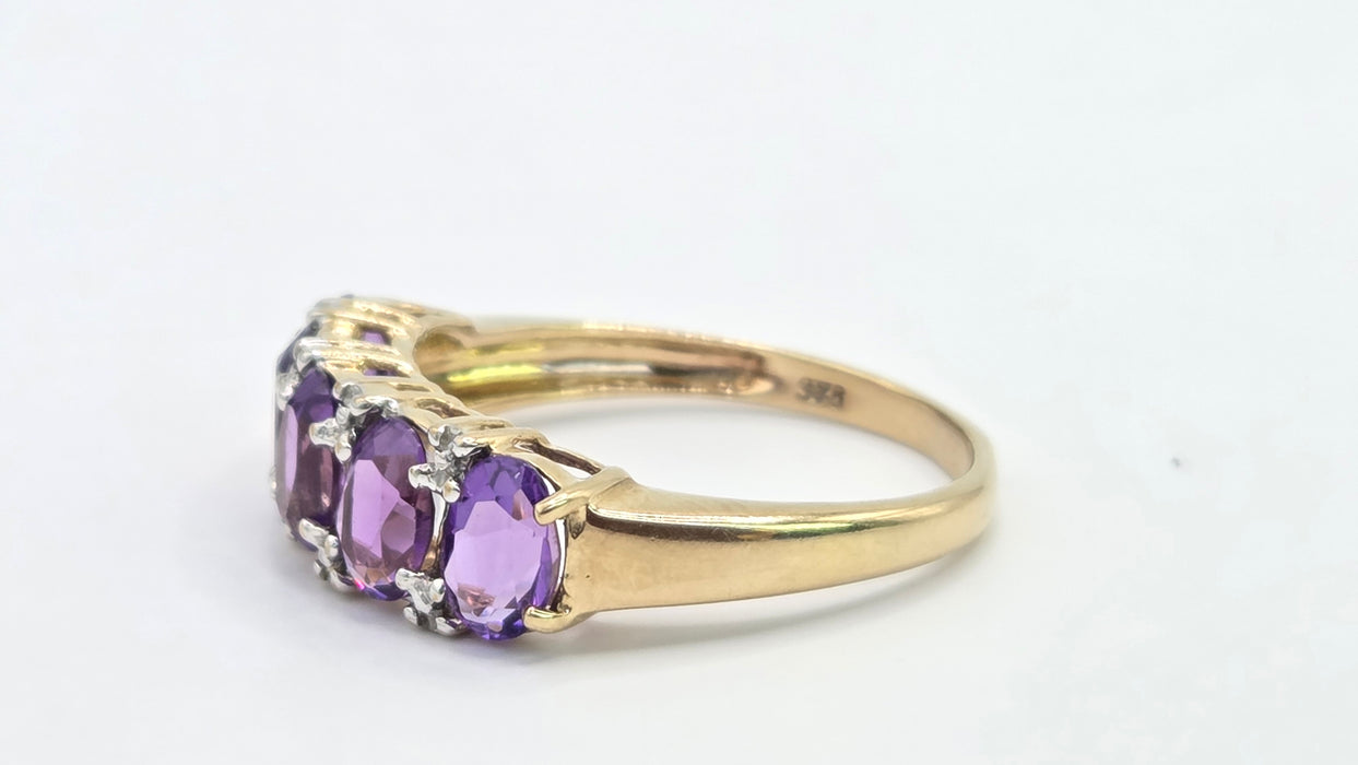 Vintage: 9ct Gold Amethyst & Diamond Half-Eternity Stacker Ring