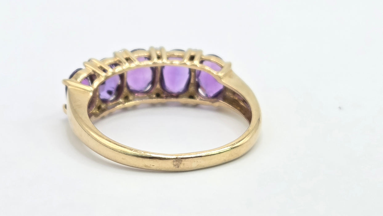 Vintage: 9ct Gold Amethyst & Diamond Half-Eternity Stacker Ring