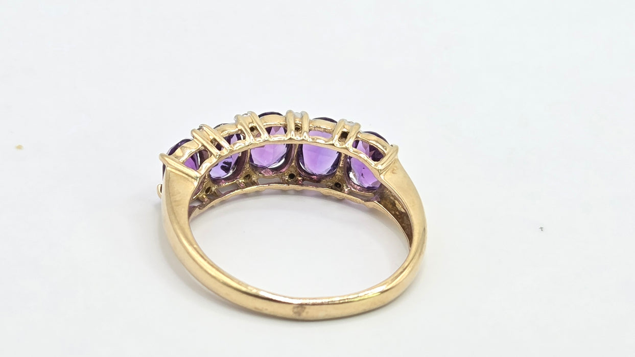 Vintage: 9ct Gold Amethyst & Diamond Half-Eternity Stacker Ring