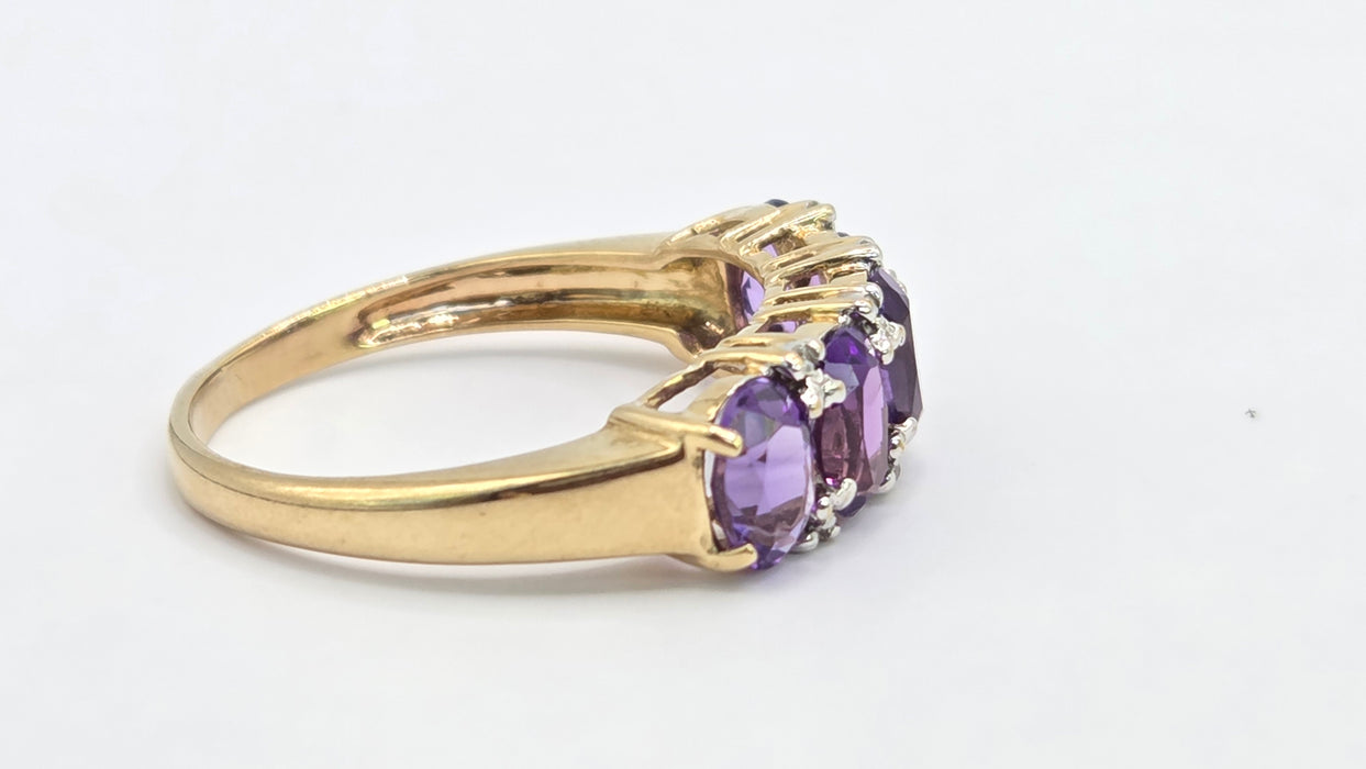 Vintage: 9ct Gold Amethyst & Diamond Half-Eternity Stacker Ring