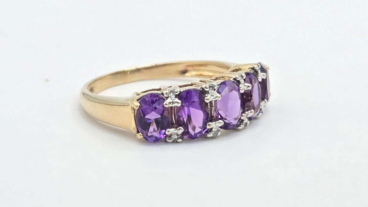 Vintage: 9ct Gold Amethyst & Diamond Half-Eternity Stacker Ring