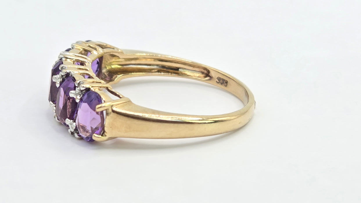Vintage: 9ct Gold Amethyst & Diamond Half-Eternity Stacker Ring