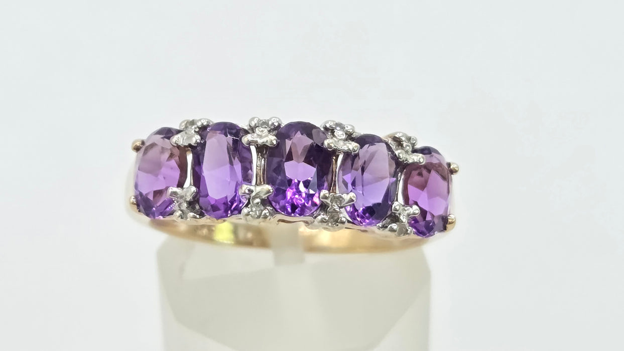 Vintage: 9ct Gold Amethyst & Diamond Half-Eternity Stacker Ring