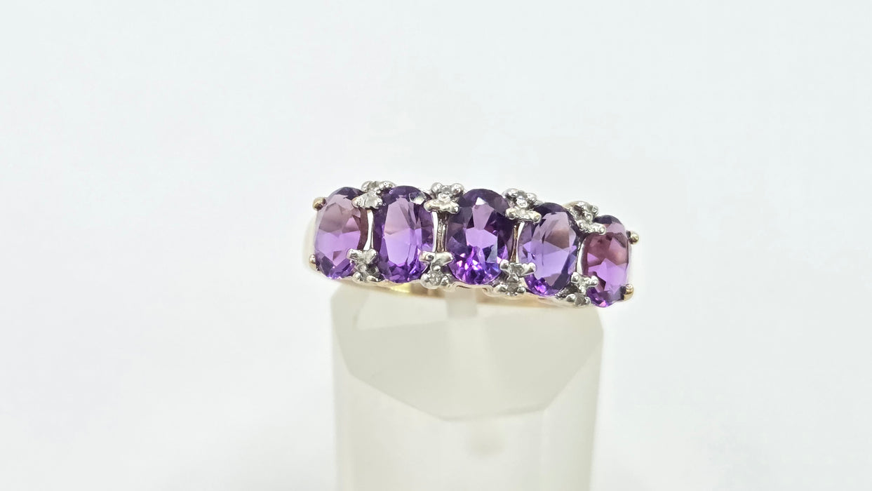 Vintage: 9ct Gold Amethyst & Diamond Half-Eternity Stacker Ring