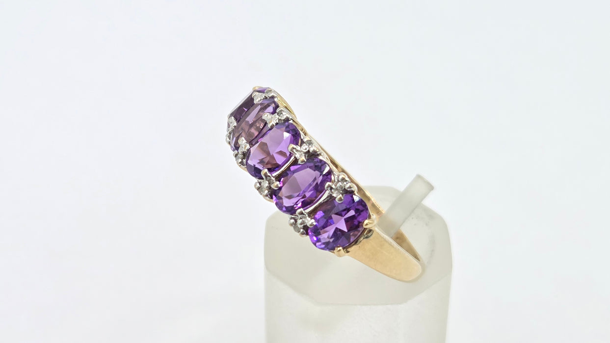 Vintage: 9ct Gold Amethyst & Diamond Half-Eternity Stacker Ring
