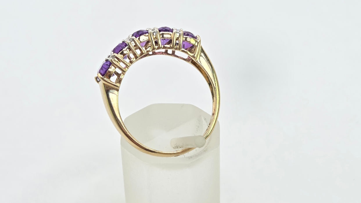 Vintage: 9ct Gold Amethyst & Diamond Half-Eternity Stacker Ring