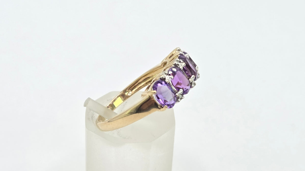 Vintage: 9ct Gold Amethyst & Diamond Half-Eternity Stacker Ring
