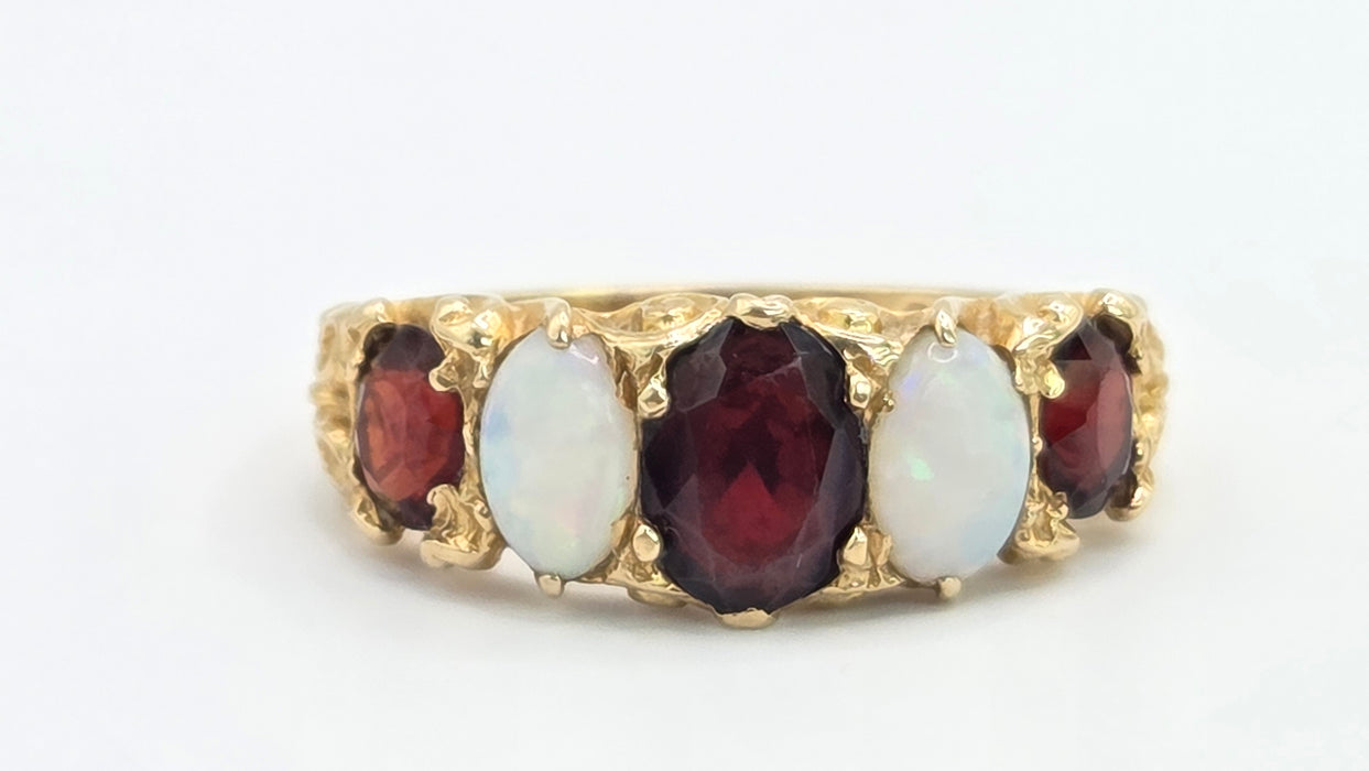 Vintage: 9ct Gold Opal & Garnet Five-Stone Dress Ring — From 1974