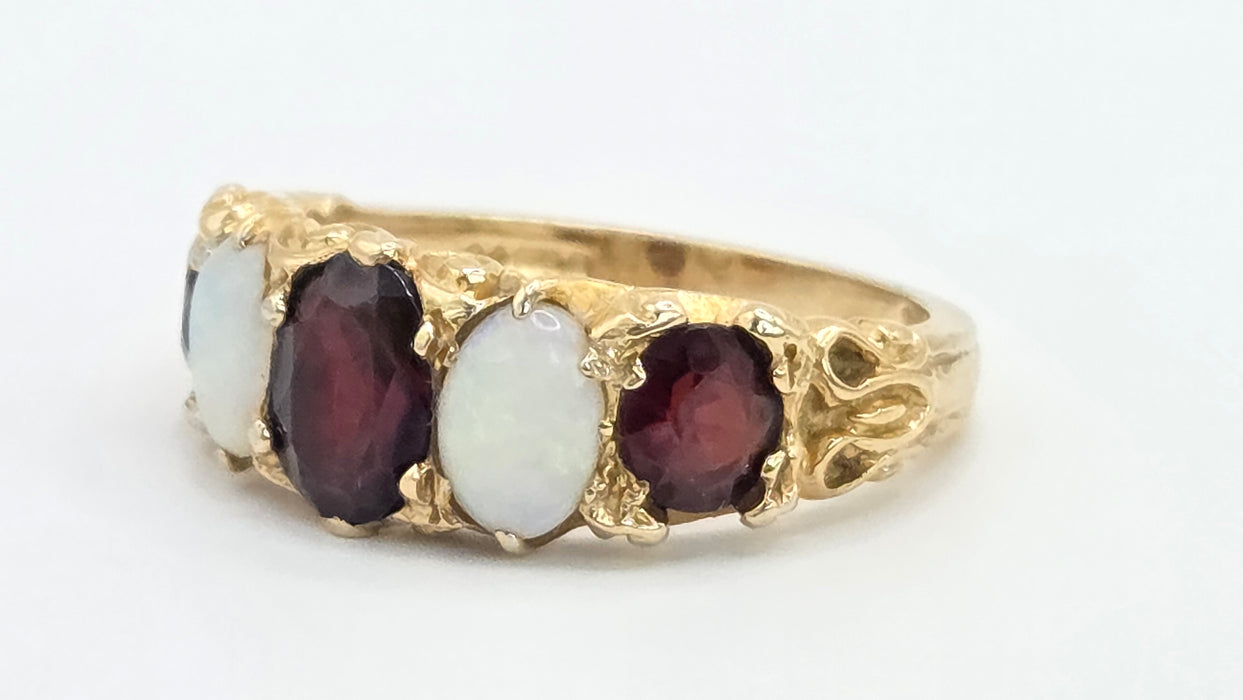 Vintage: 9ct Gold Opal & Garnet Five-Stone Dress Ring — From 1974