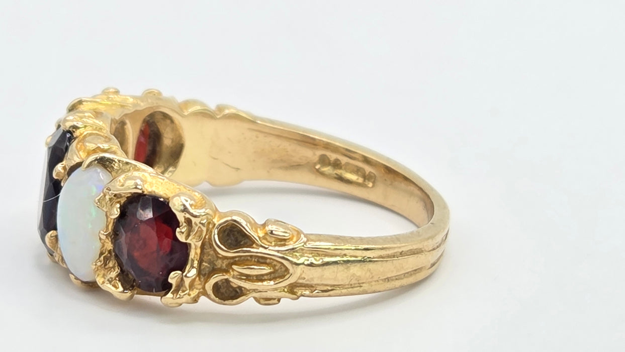 Vintage: 9ct Gold Opal & Garnet Five-Stone Dress Ring — From 1974