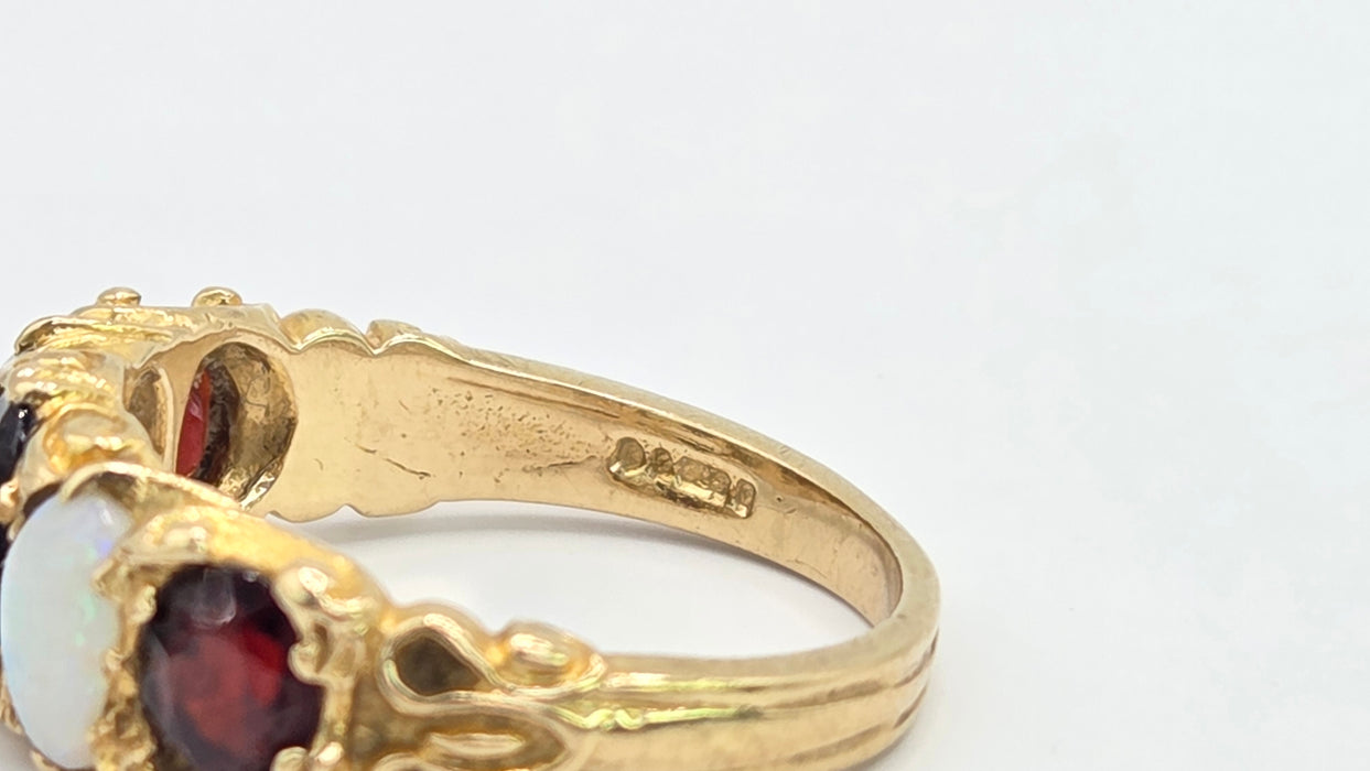Vintage: 9ct Gold Opal & Garnet Five-Stone Dress Ring — From 1974