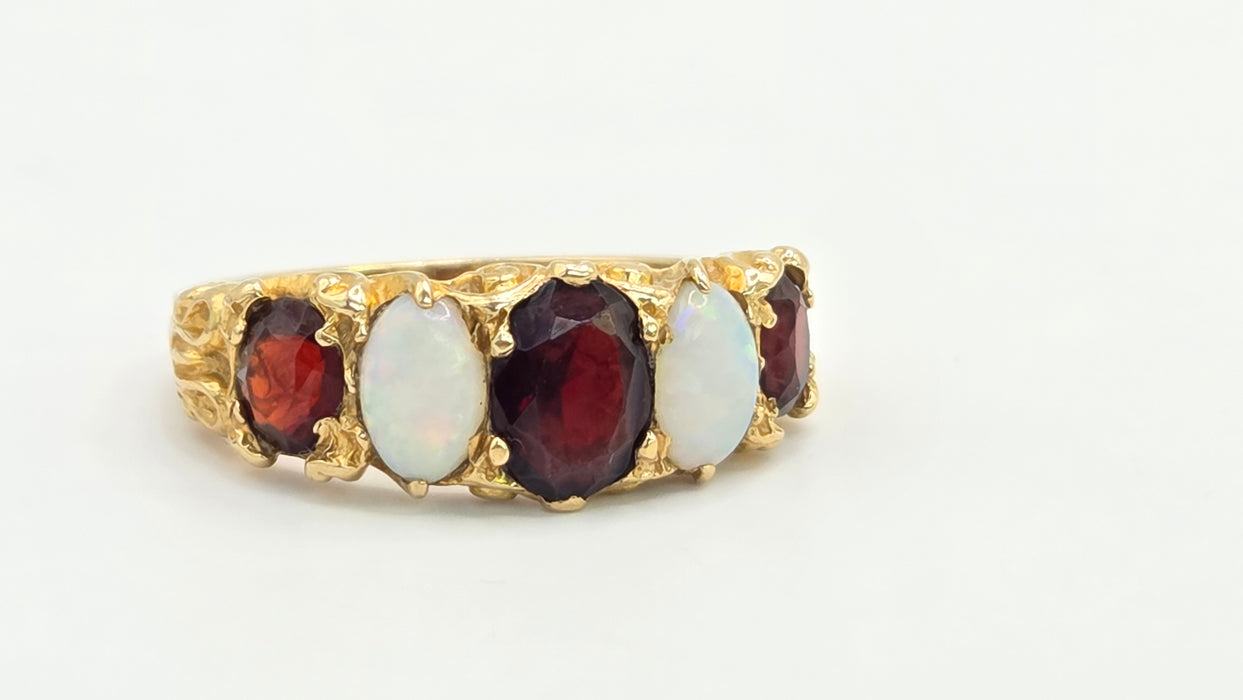 Vintage: 9ct Gold Opal & Garnet Five-Stone Dress Ring — From 1974