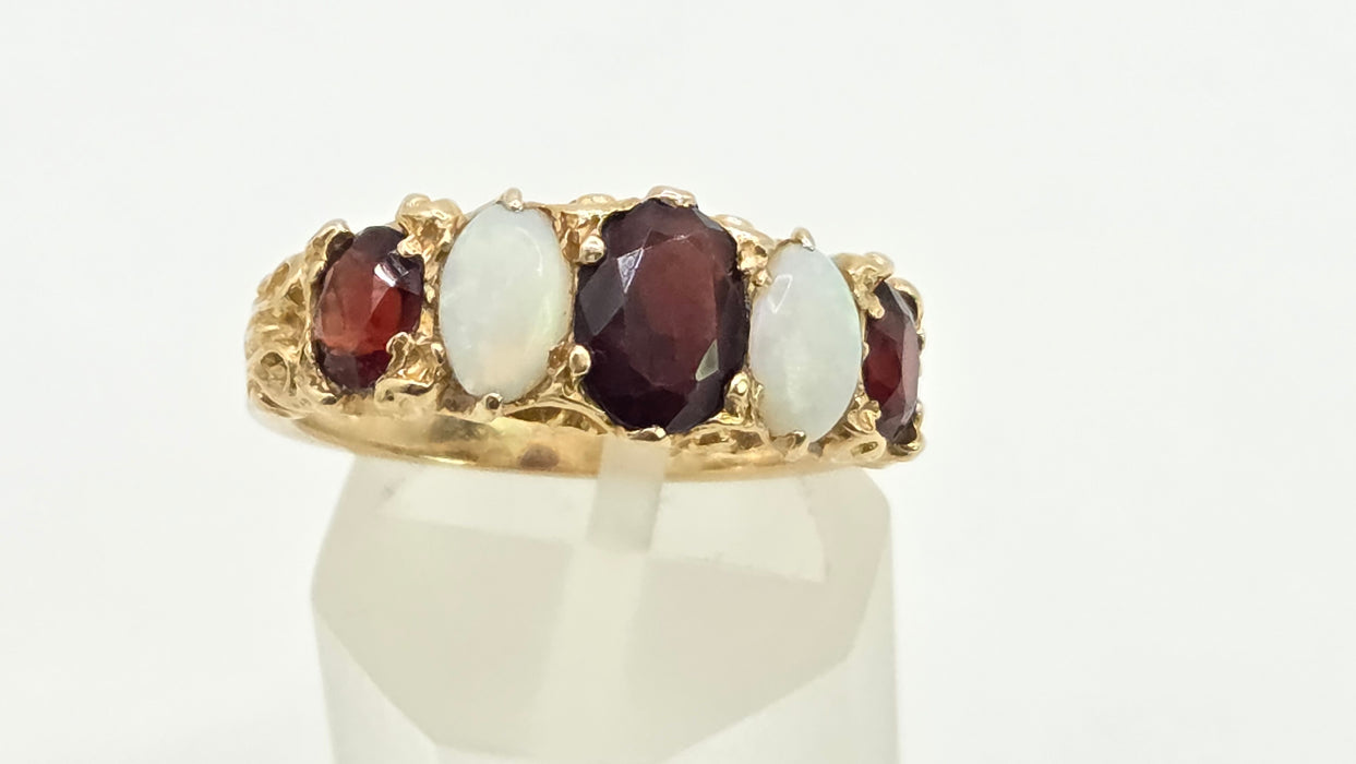 Vintage: 9ct Gold Opal & Garnet Five-Stone Dress Ring — From 1974