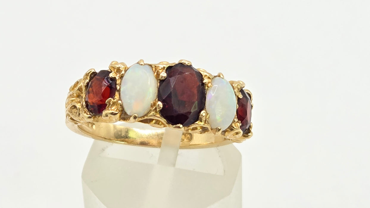 Vintage: 9ct Gold Opal & Garnet Five-Stone Dress Ring — From 1974