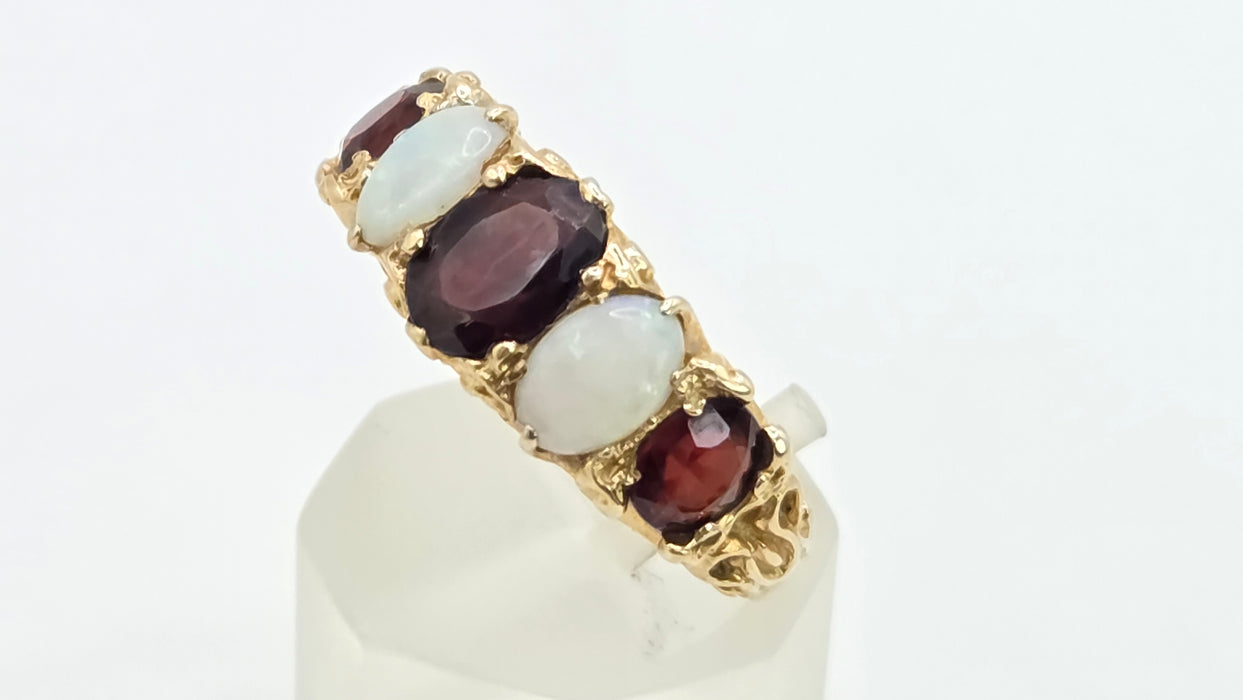 Vintage: 9ct Gold Opal & Garnet Five-Stone Dress Ring — From 1974