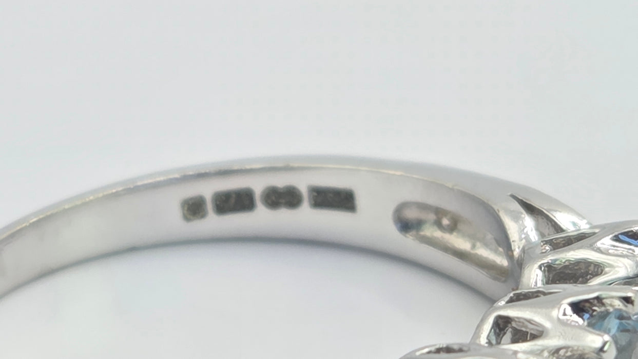 Vintage: 9ct White Gold Blue Topaz & Diamond Trilogy Ring