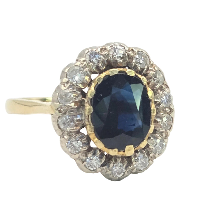 Vintage: 18ct Gold Sapphire & Diamond Oval Cluster Ring — 0.35ct