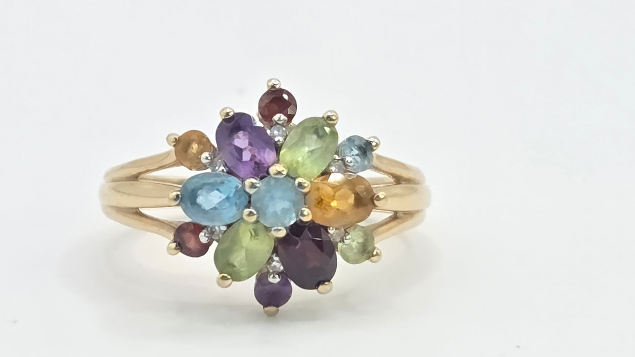 Vintage: 9ct Gold Multigem & Diamond Spray Cluster Cocktail Ring