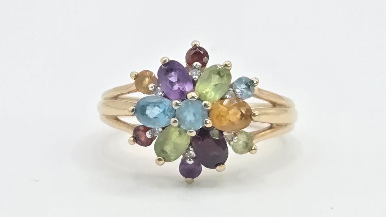 Vintage: 9ct Gold Multigem & Diamond Spray Cluster Cocktail Ring