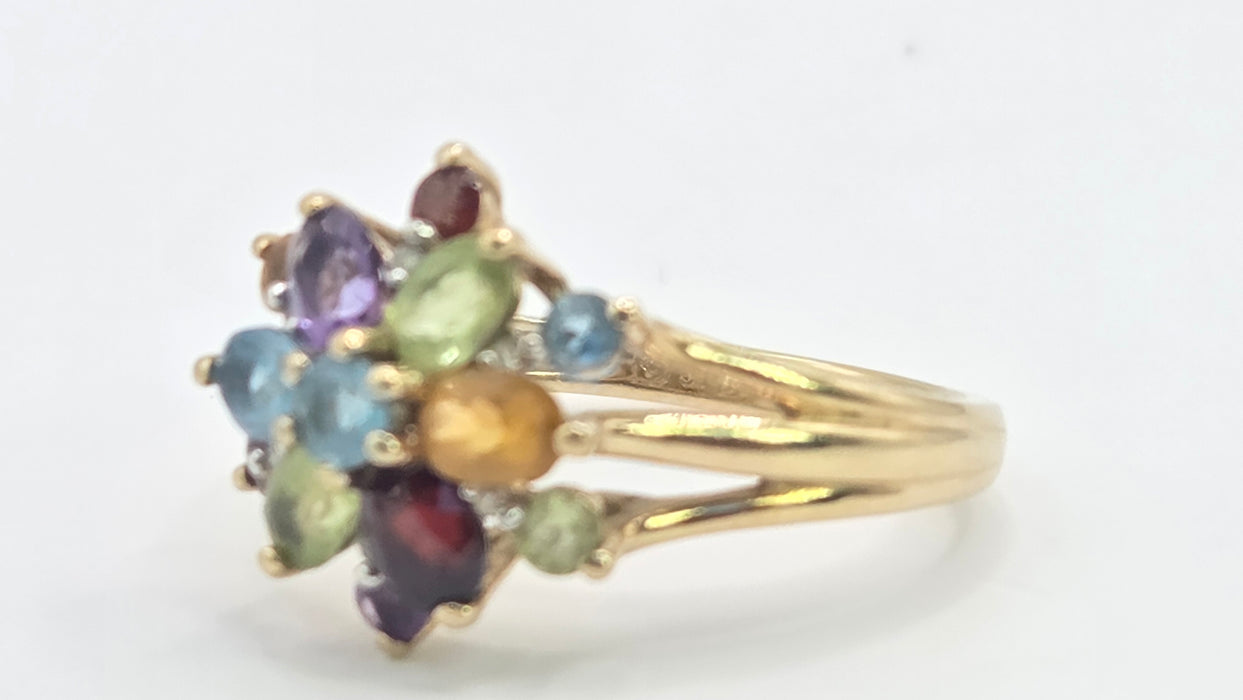 Vintage: 9ct Gold Multigem & Diamond Spray Cluster Cocktail Ring