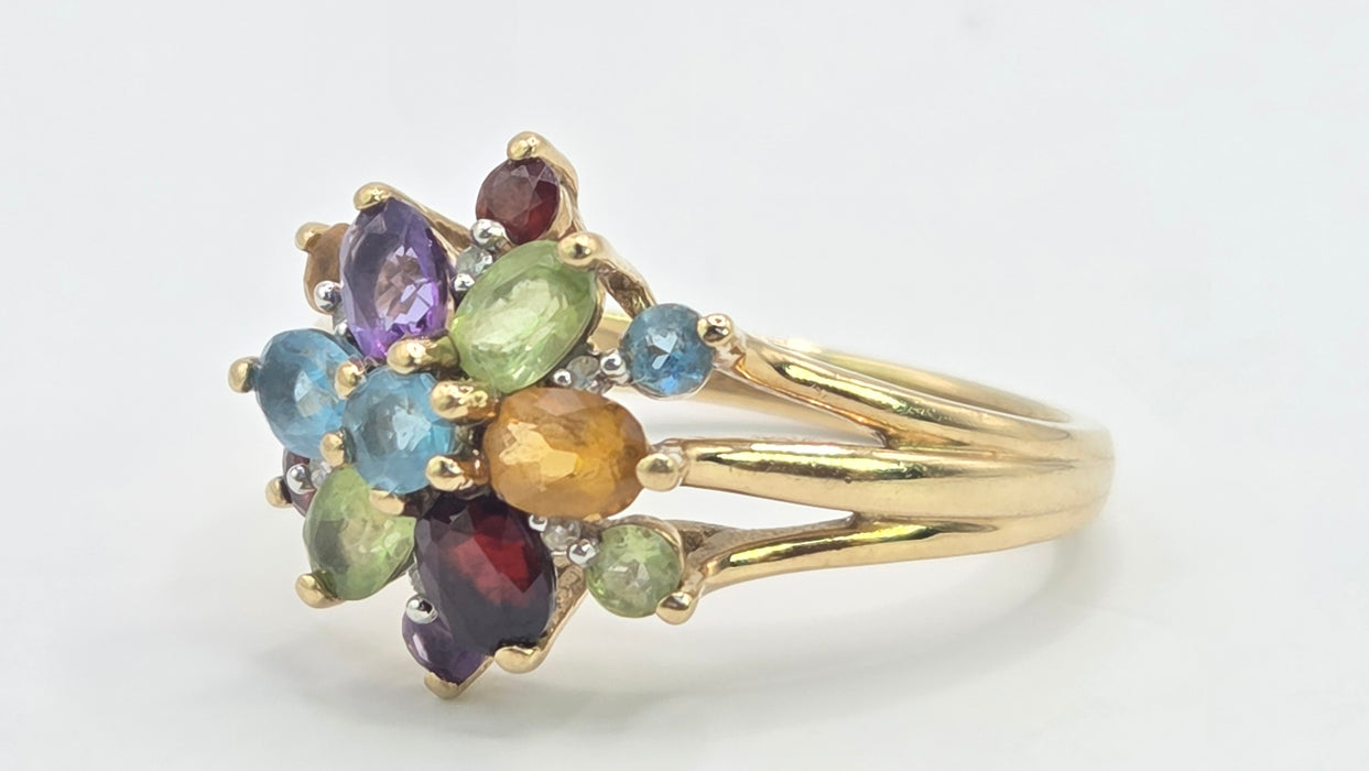 Vintage: 9ct Gold Multigem & Diamond Spray Cluster Cocktail Ring