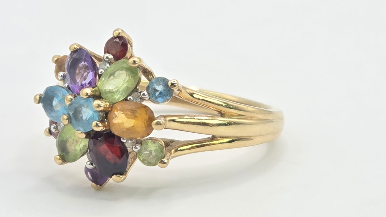 Vintage: 9ct Gold Multigem & Diamond Spray Cluster Cocktail Ring