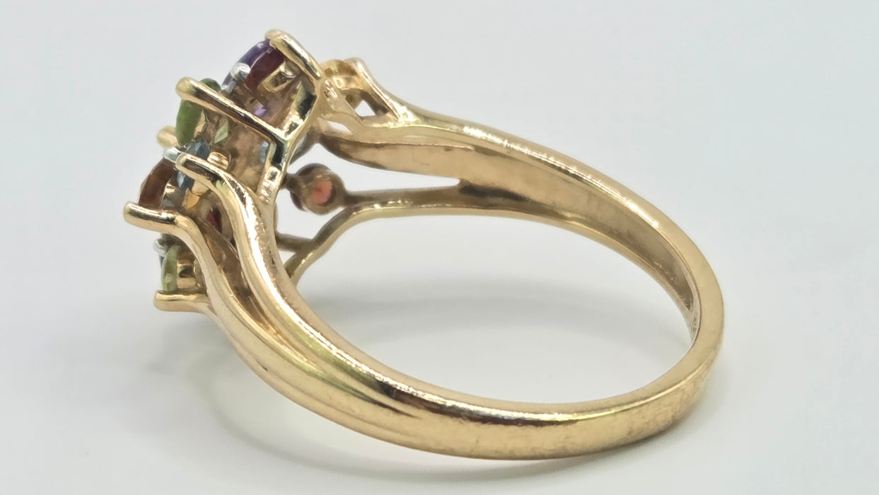 Vintage: 9ct Gold Multigem & Diamond Spray Cluster Cocktail Ring
