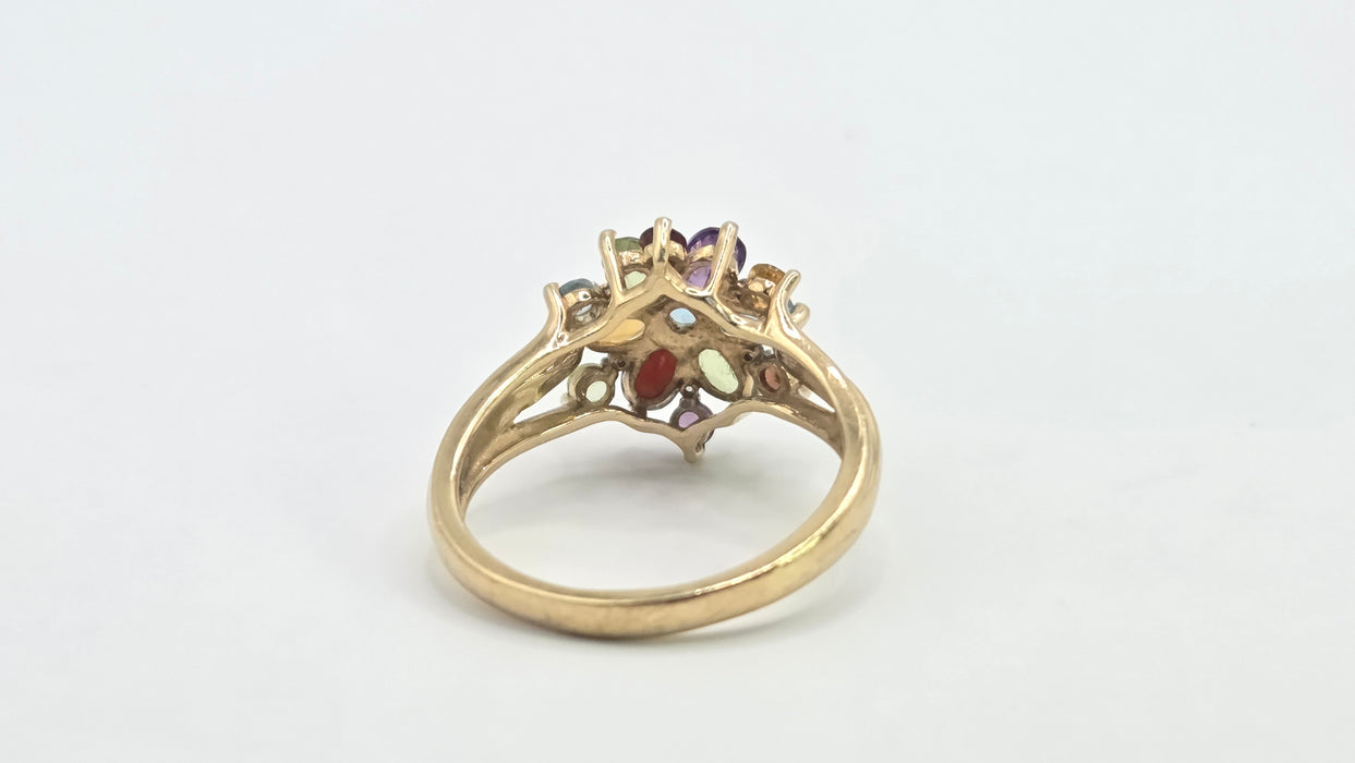 Vintage: 9ct Gold Multigem & Diamond Spray Cluster Cocktail Ring