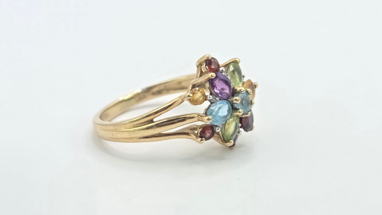Vintage: 9ct Gold Multigem & Diamond Spray Cluster Cocktail Ring