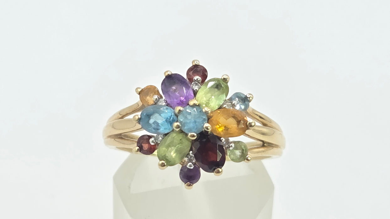 Vintage: 9ct Gold Multigem & Diamond Spray Cluster Cocktail Ring