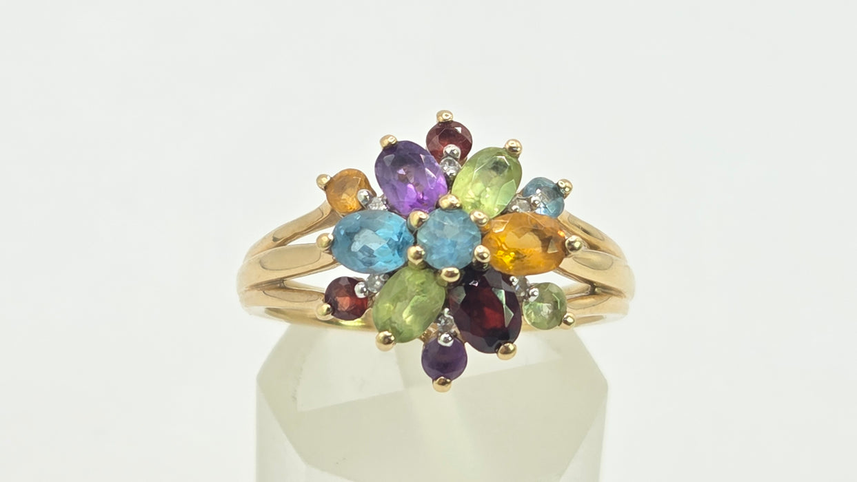 Vintage: 9ct Gold Multigem & Diamond Spray Cluster Cocktail Ring