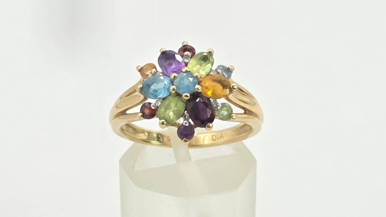 Vintage: 9ct Gold Multigem & Diamond Spray Cluster Cocktail Ring