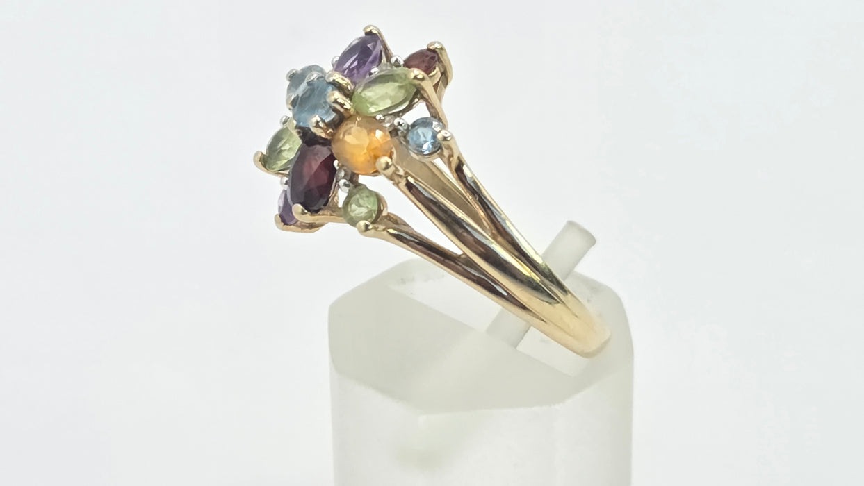 Vintage: 9ct Gold Multigem & Diamond Spray Cluster Cocktail Ring
