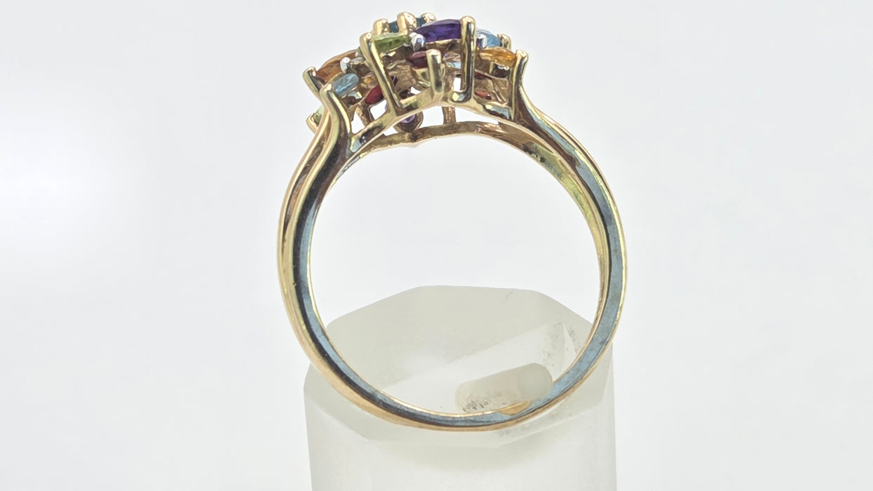 Vintage: 9ct Gold Multigem & Diamond Spray Cluster Cocktail Ring