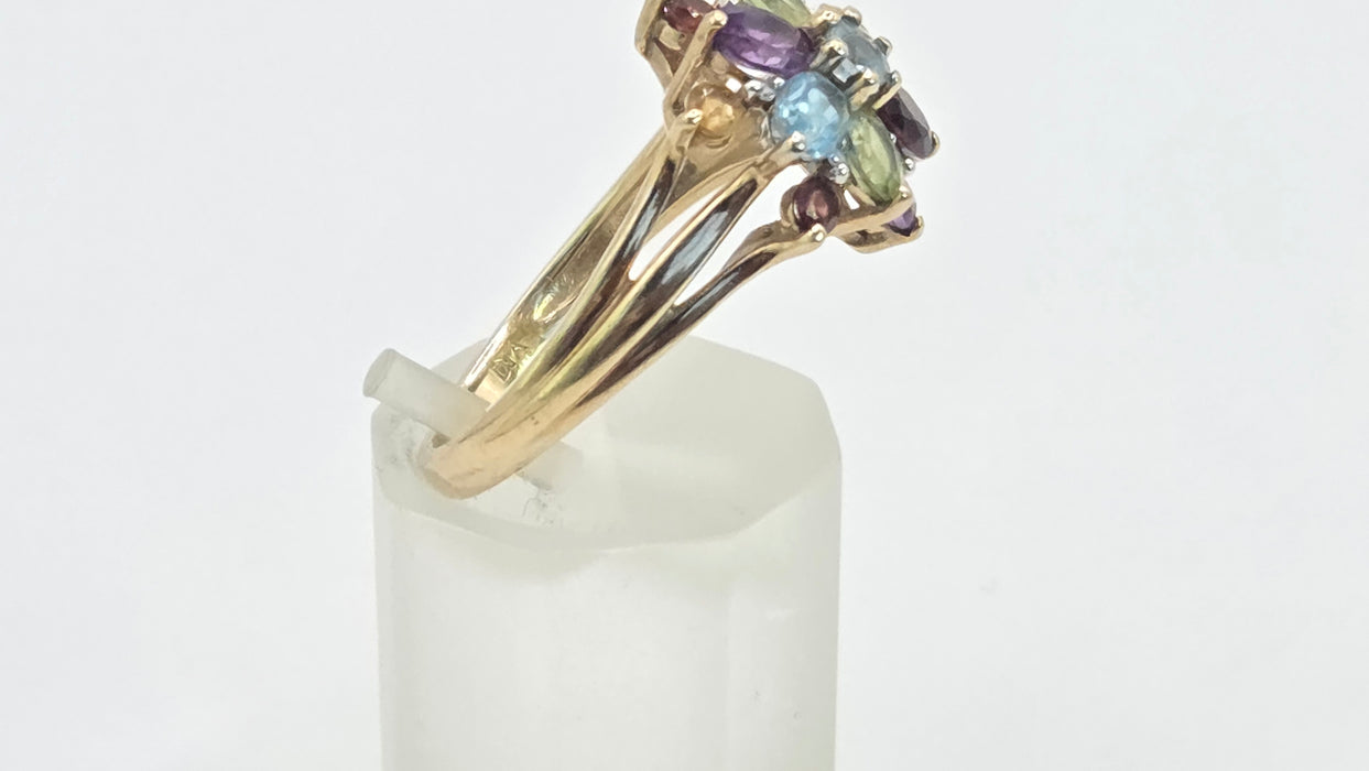 Vintage: 9ct Gold Multigem & Diamond Spray Cluster Cocktail Ring