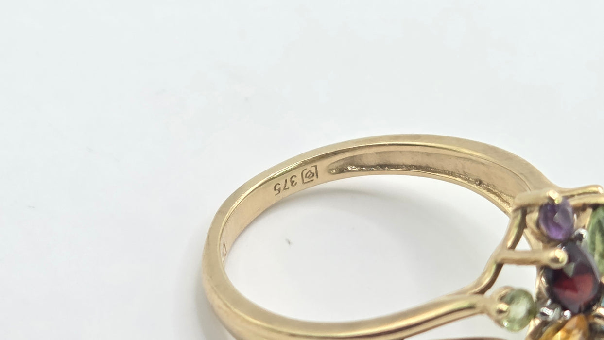 Vintage: 9ct Gold Multigem & Diamond Spray Cluster Cocktail Ring