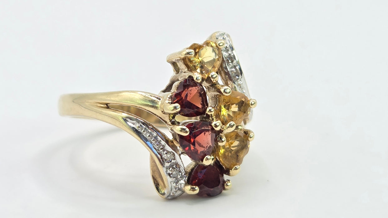 Vintage: 9ct Gold Citrine, Garnet & Diamond Dress Ring