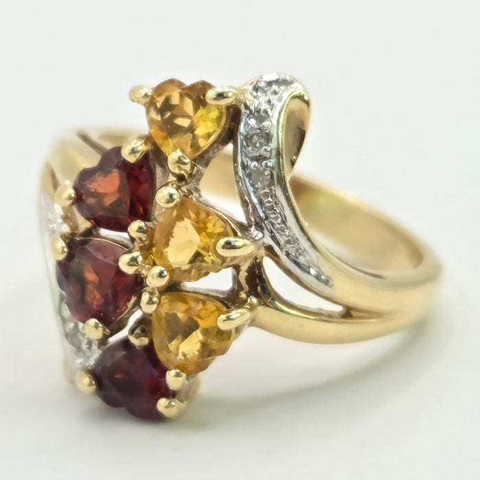 Vintage: 9ct Gold Citrine, Garnet & Diamond Dress Ring