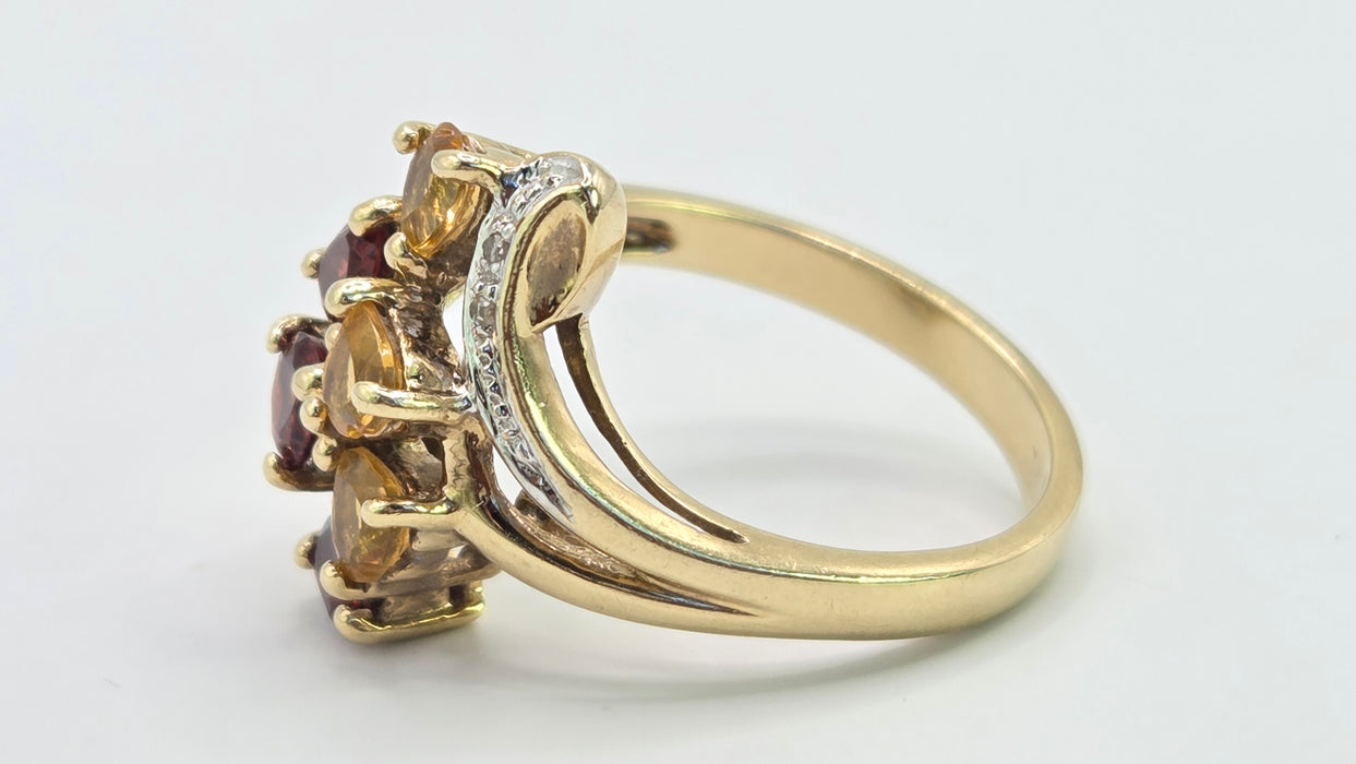 Vintage: 9ct Gold Citrine, Garnet & Diamond Dress Ring