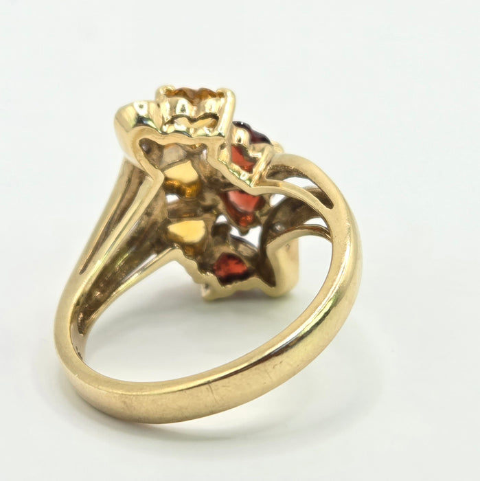 Vintage: 9ct Gold Citrine, Garnet & Diamond Dress Ring