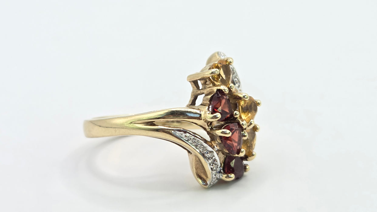 Vintage: 9ct Gold Citrine, Garnet & Diamond Dress Ring