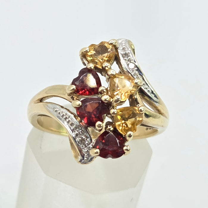 Vintage: 9ct Gold Citrine, Garnet & Diamond Dress Ring