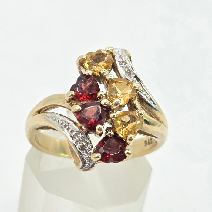 Vintage: 9ct Gold Citrine, Garnet & Diamond Dress Ring