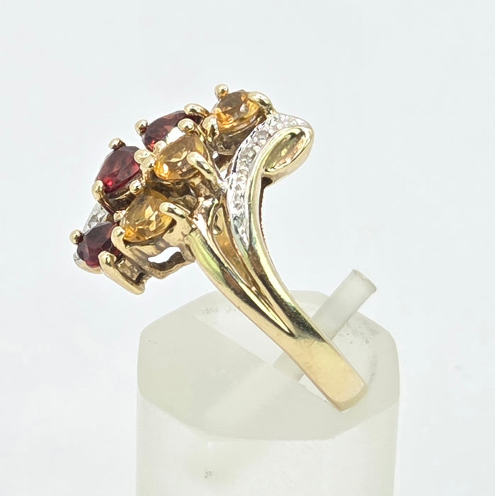 Vintage: 9ct Gold Citrine, Garnet & Diamond Dress Ring