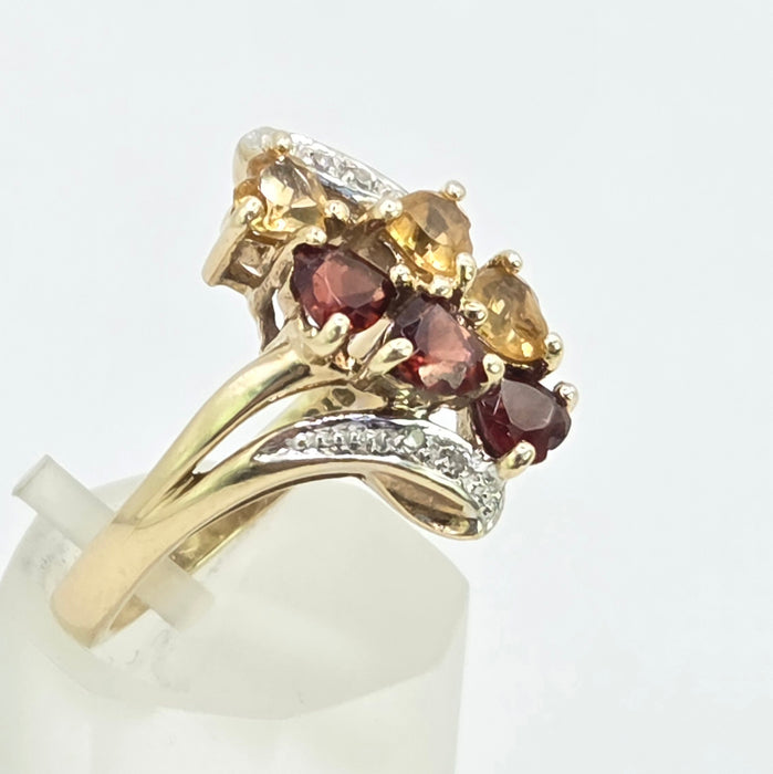 Vintage: 9ct Gold Citrine, Garnet & Diamond Dress Ring